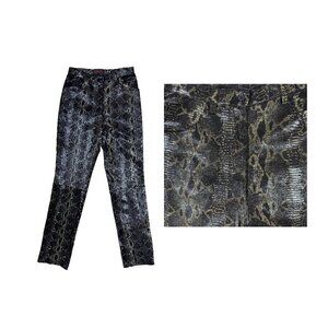 OSCAR LEOPOLD Vtg Snakeskin Print Leather High Waisted Black Green Pants sz 8